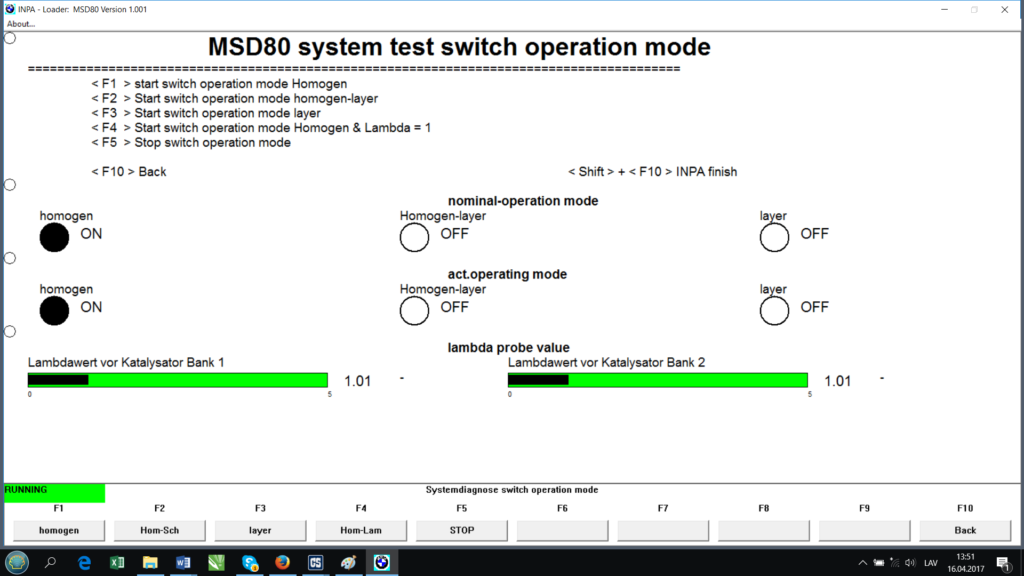 BMW INPA operation mode menu