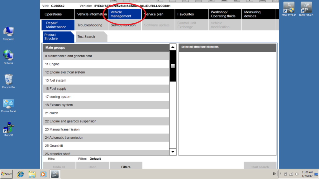 BMW ISTA vehicle management menu
