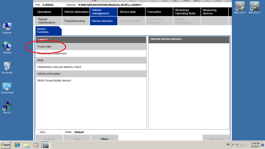 BMW ISTA Powertrain menu
